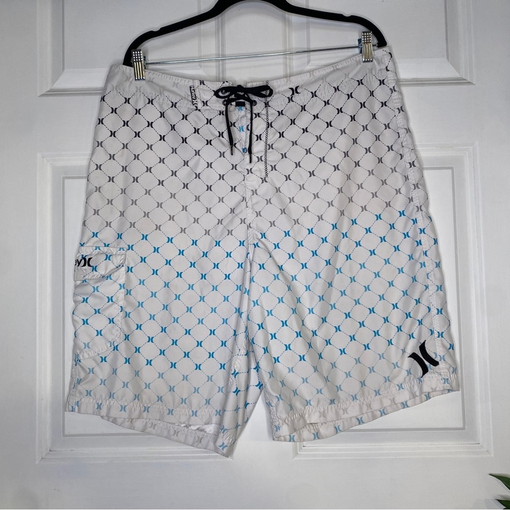 Hurley Ombre Logo Blue White Black Unlined Swim Board Shorts Size 38 XL